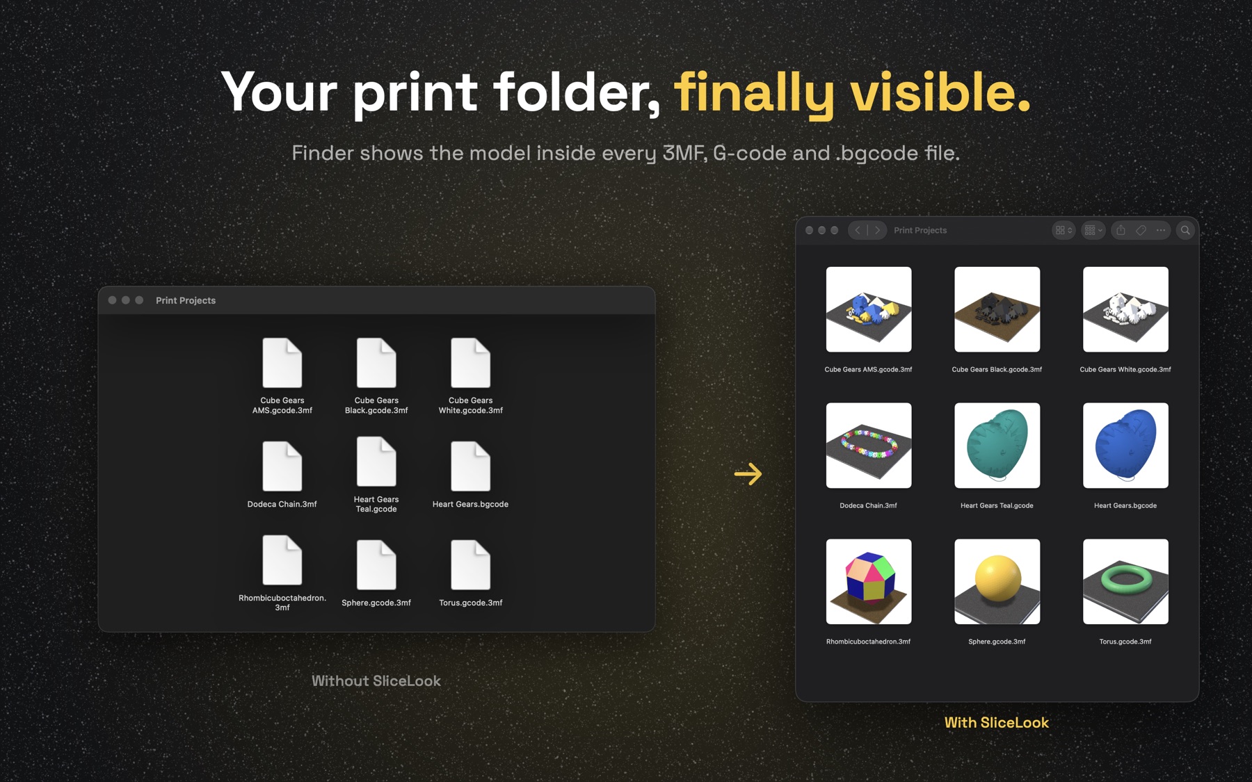 A Finder folder of print files before and after SliceLook: plain document icons become pictures of each model.